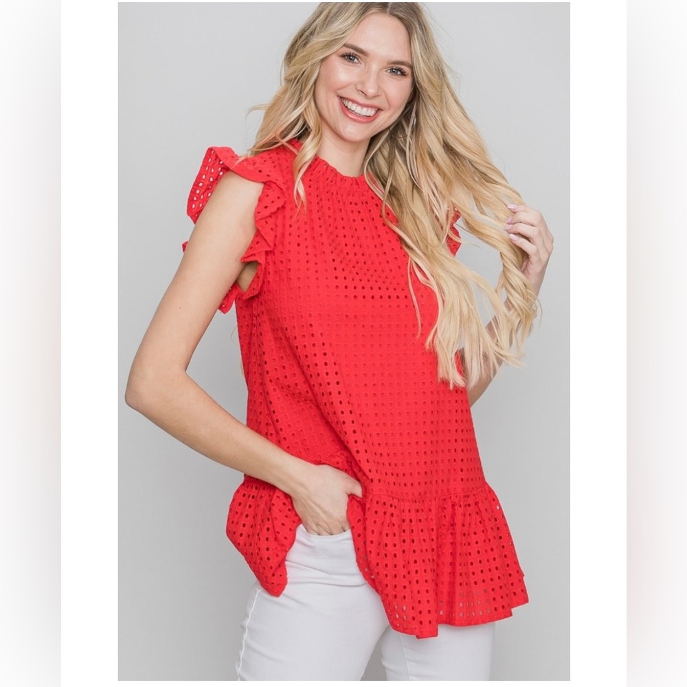 JODIFL Vibrant Red Eyelet Ruffle Blouse